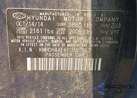 2015 Hyundai Elantra Se from USA, damaged, VIN KMHDH4AE6FU350967